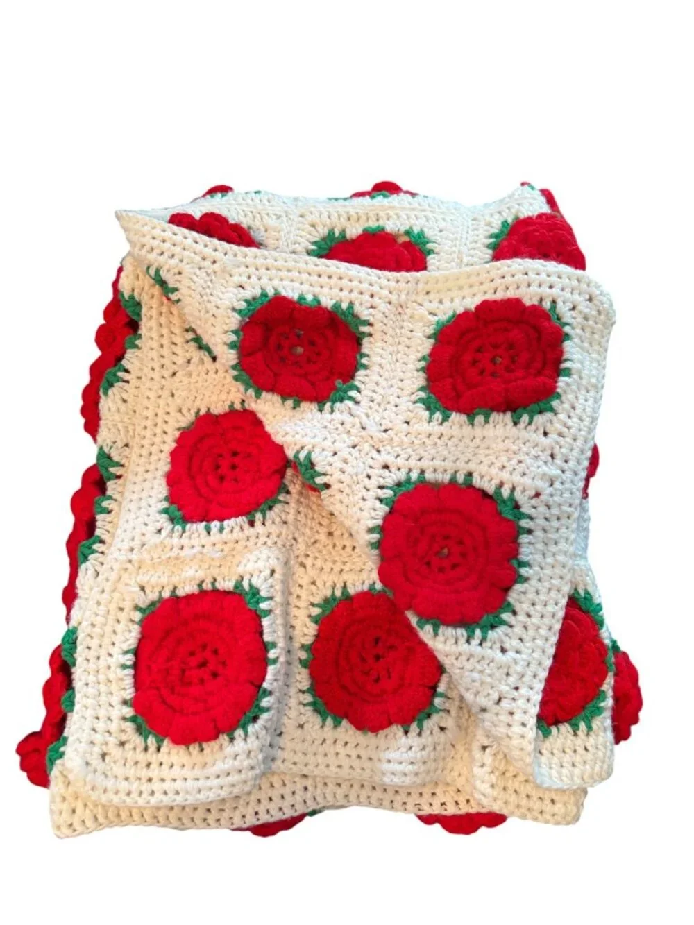 Handmade Crochet Blanket With Red 3D Rose Motif And White Background 42